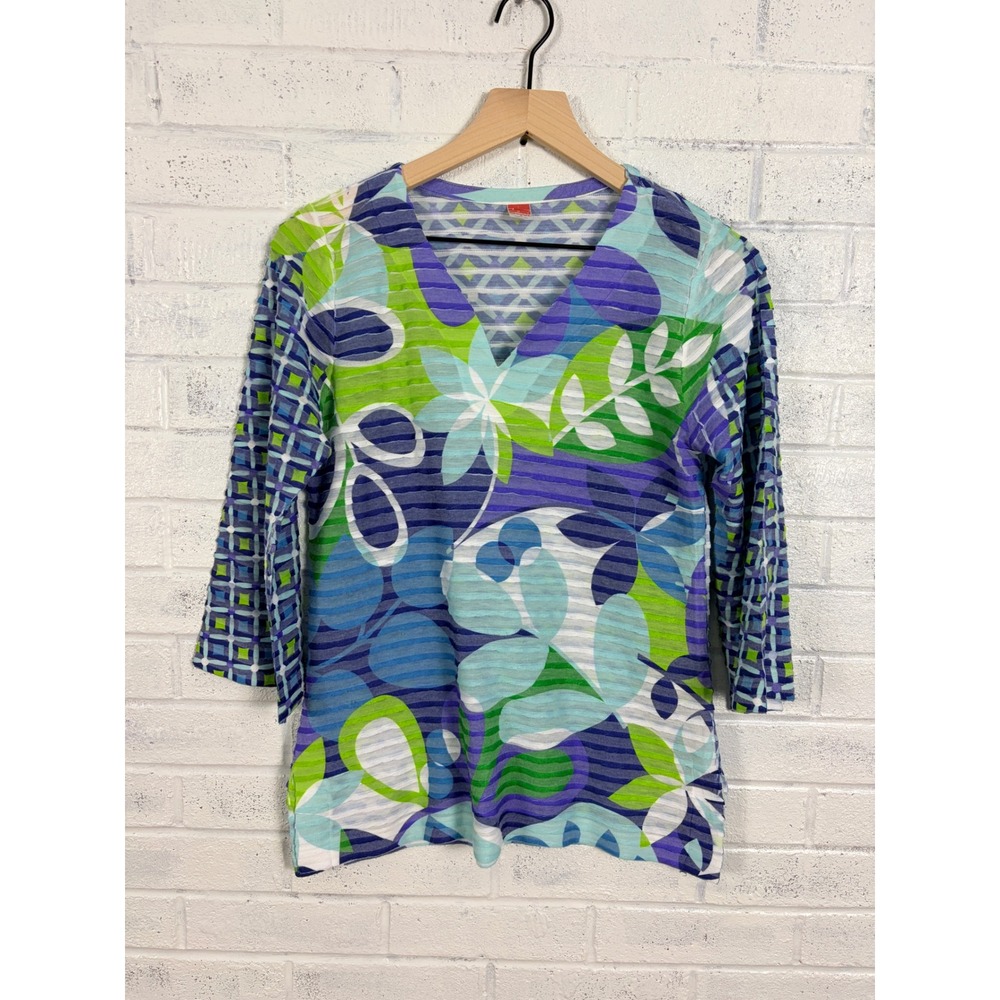Before + Again Banda Abstract Floral Burnout Top Womens S V Neck 3/4 Sleeve